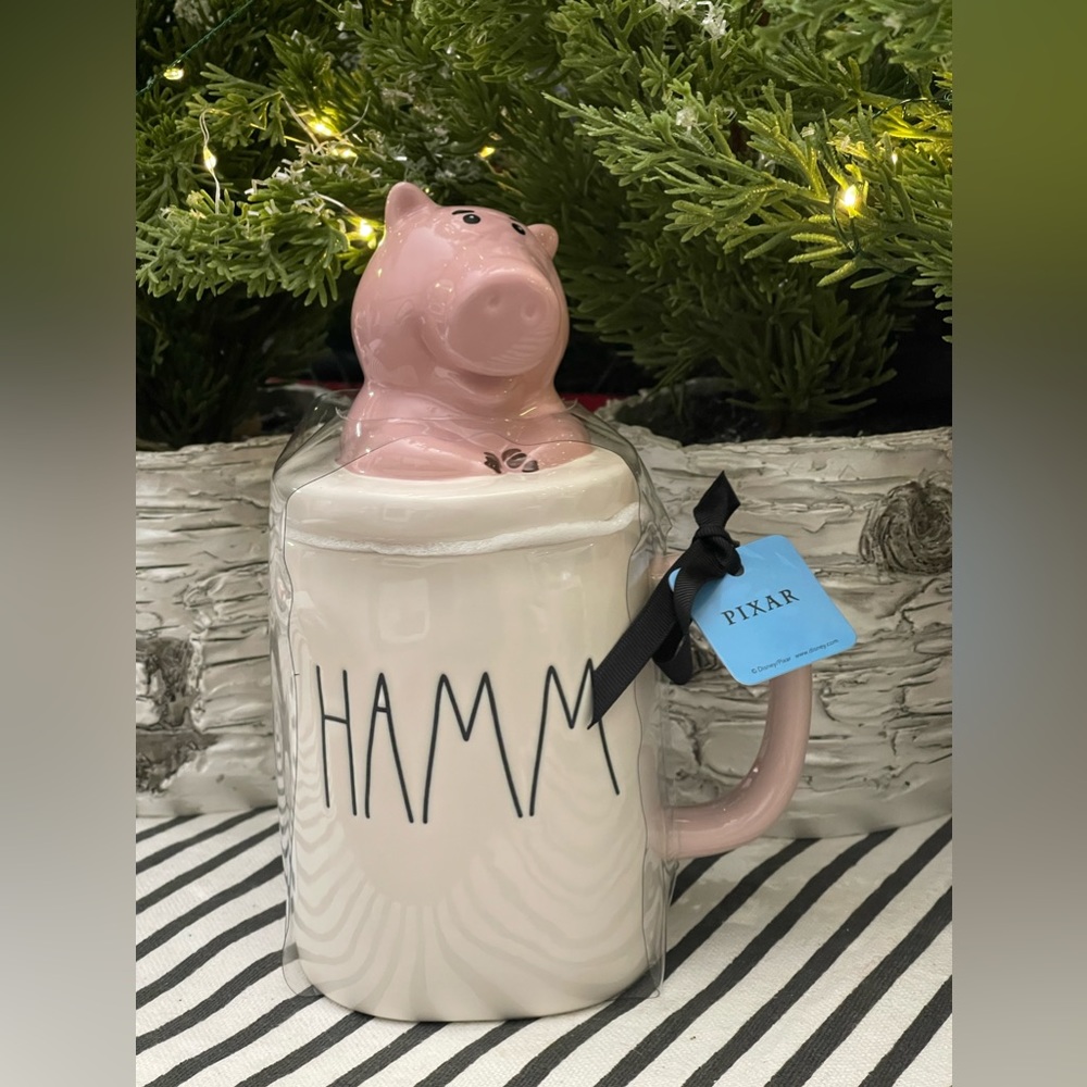 NEW w/tags Rae Dunn Pixar Collection “HAMM” Double Sided Mug with Topper